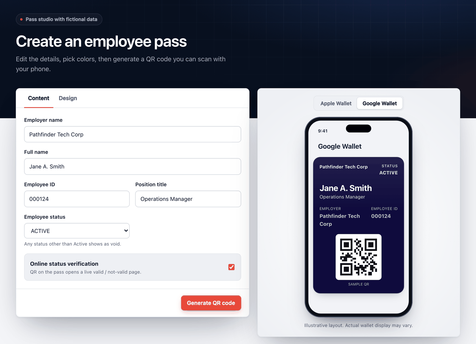 The Digital Pass studio: a form with employer, name, employee ID, position and status on the left, and a live Google Wallet preview of the pass with a QR code on the right